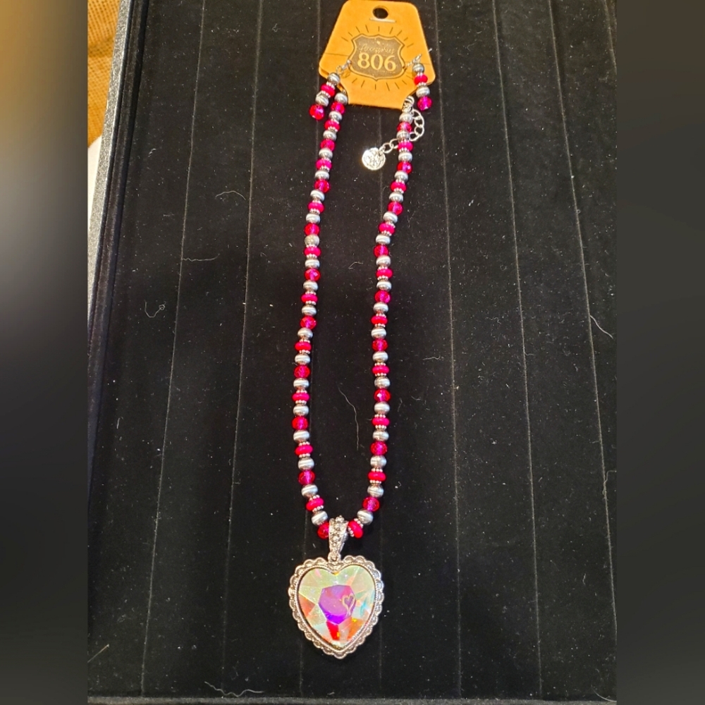 Heart Pendant Beaded Necklace And Earrings Set By 806 - Pink and Silver NWT